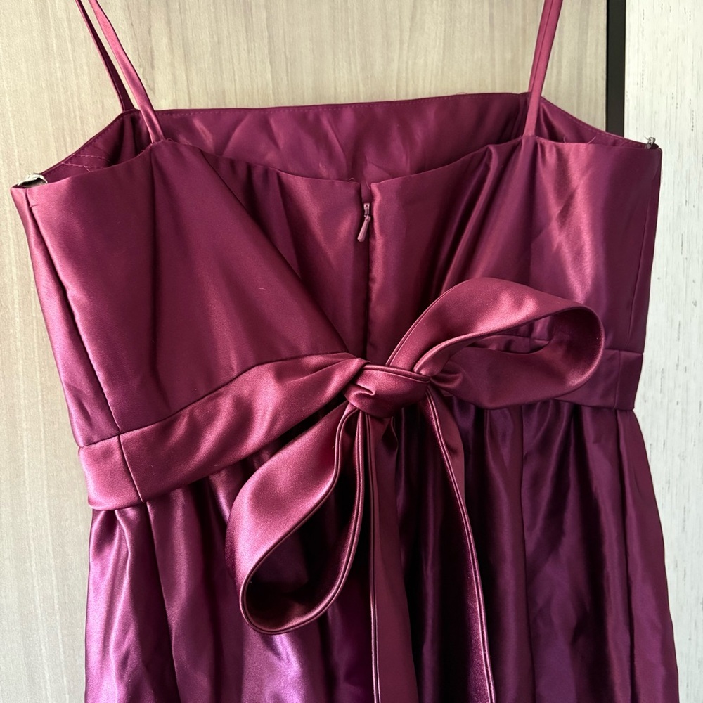 Plum purple satin empire waist babydoll spaghetti strap bow tie back mini dress